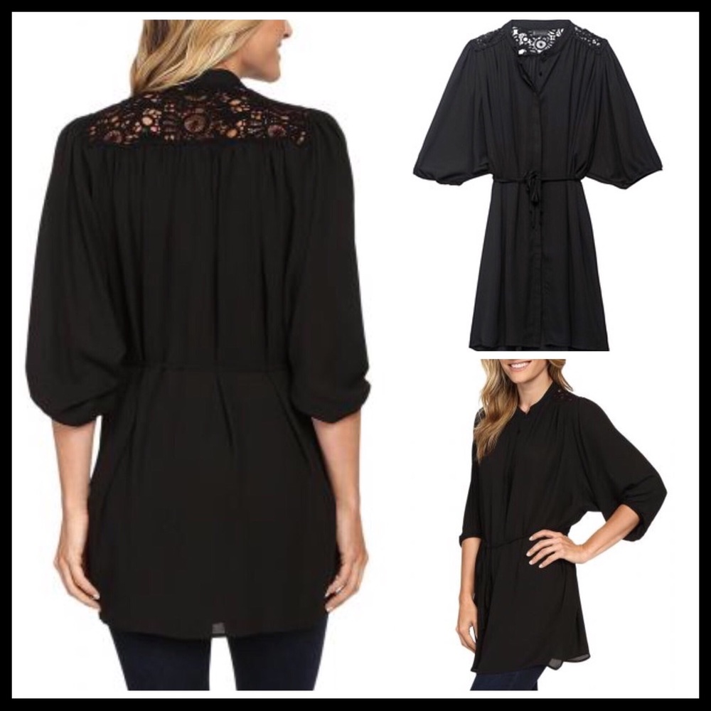 BLACK V-NECK BOHO CROCHET LACE TUNIC TOP BLOUSE - Picture 5 of 8